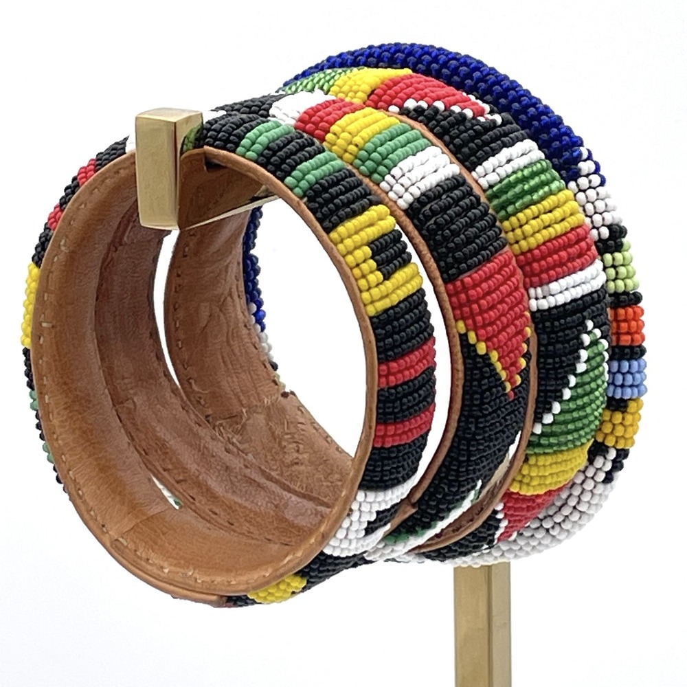 Bundle of 4 Vintage Handmade Native Seed Bead Leather Bangle Bracelet Set Lot